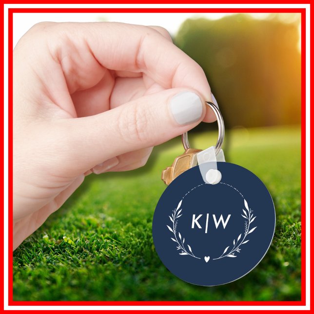 Chaveiro Marinho azul e branco | Monograma de Iniciais Mode (Navy Blue and White | Modern Initials Monogram Keychain)