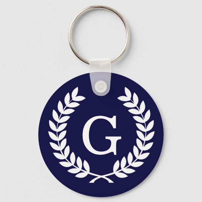 Chaveiro Marinho Azul Wheat Laurel Wreath Monograma Inicial (Frente)