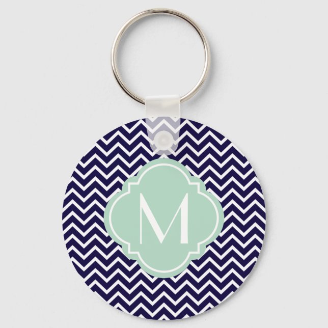 Chaveiro Marinho Chevron Zigzag Stripes com Monograma (Frente)