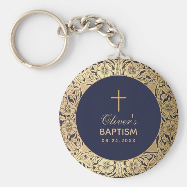 Chaveiro Marinho Elegante, Batismo, Rosas Dourados de Vinta (Frente)