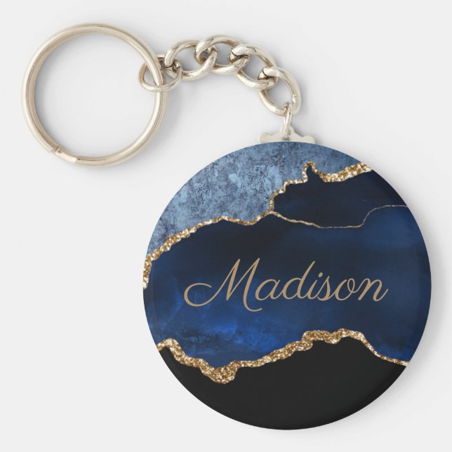 Chaveiro Marinho Moderno Azul Dourado Marble Glitter Nome (Frente)