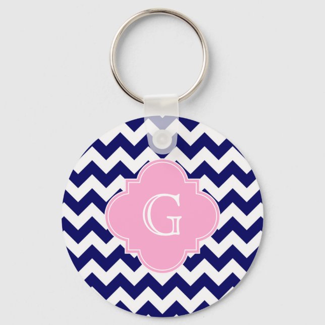 Chaveiro Marinho Whevron ZigZag Quatrefoil Rosa Monograma (Frente)