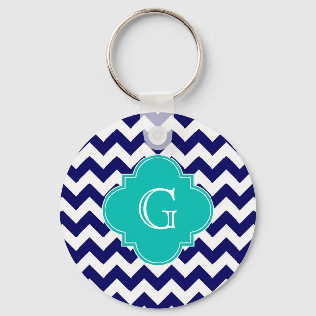Chaveiro Marinho Whevron ZigZag Teal Quatrefoil Monograma (Frente)