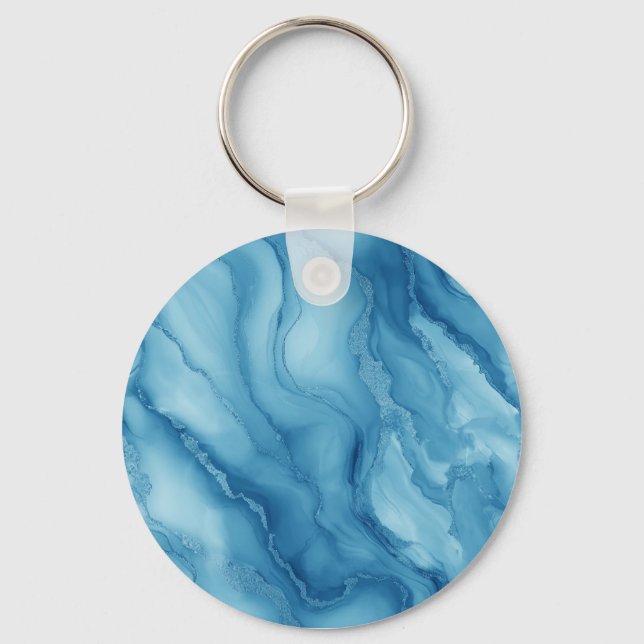Chaveiro Mármore Azul Elegante com Design Fluido Ondulado (Frente)