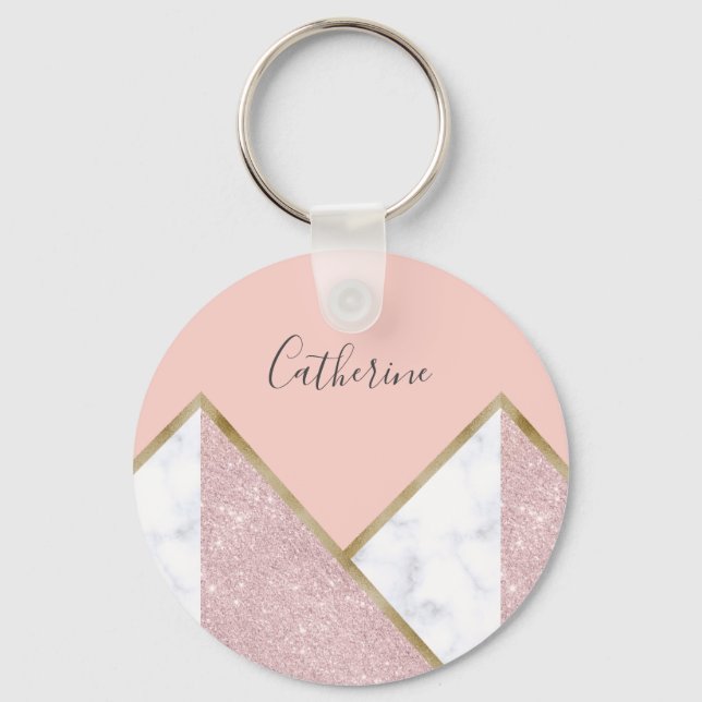 Chaveiro Mármore branco de ouro-rosa geométrico elegante (Frente)