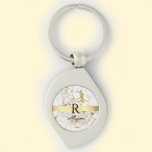 Chaveiro Mármore Branco e Dourado, Barra Dourada, Monograma