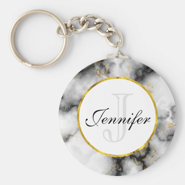 Chaveiro Mármore Branco Moderno com Monograma Dourado de Fi (Frente)