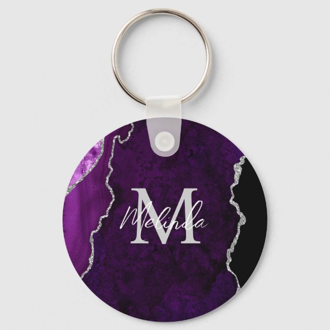 Chaveiro Mármore de Ágata Roxo e Prata (Frente)