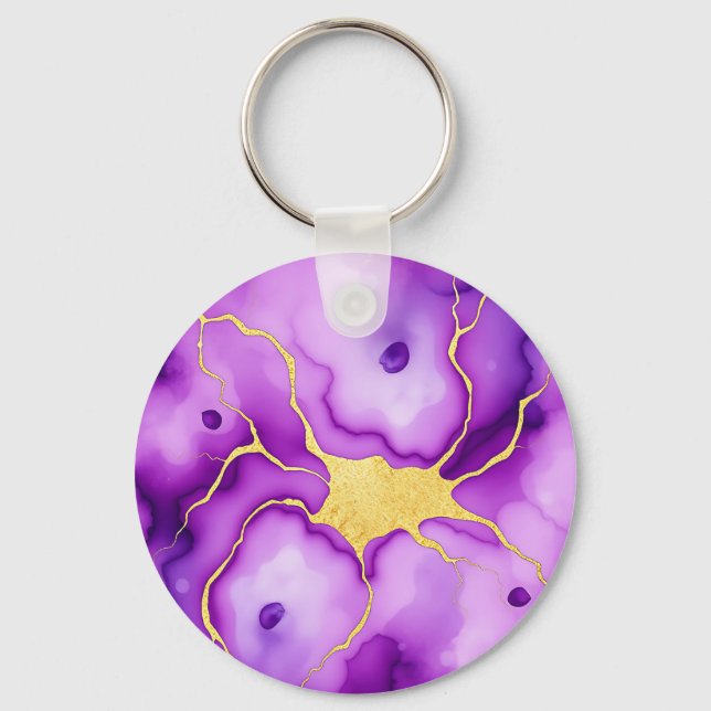 Chaveiro Mármore Dourado Roxo Padrão Abstrato (Frente)