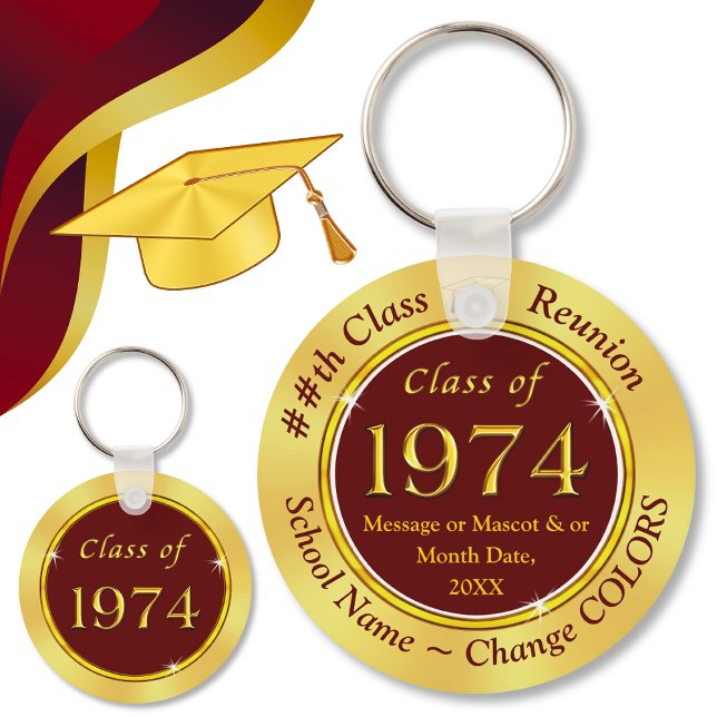 Chaveiro Maroon Burgundy Dourado, Classe Personalizada de F (Class of 74. Maroon 50th reunion favors. The class of 74. Class of 74. High school reunion party. )