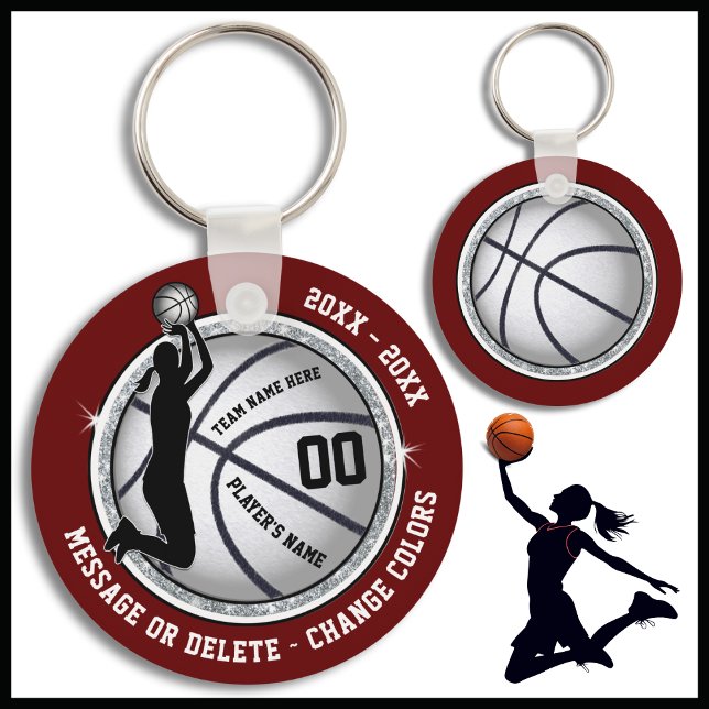 Chaveiro Maroon, Favoritos para festas de Basquete (Maroon, Silver and Black, Personalized Basketball Team Gifts. Cheap Basketball Bag Tags for Girls. )