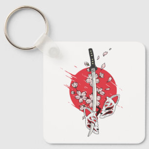 Chaveiro Máscara de raposa com flor de cerejeira katana