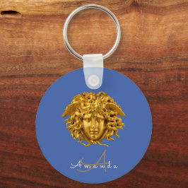 Chaveiro Máscara Medusa Dourada Monogram Chic Couture Azul 
