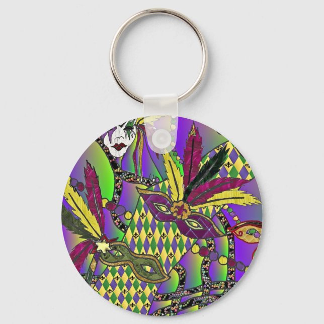 Chaveiro Máscaras de penas psicodélicas de Mardi Gras (Frente)