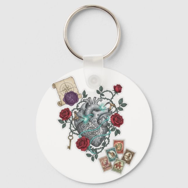 Chaveiro Mechanical Heart with Roses – Vintage Surreal Art (Frente)