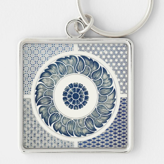 Chaveiro Medalhão Chinês: Chinoiserie Azul Índigo (Frente)
