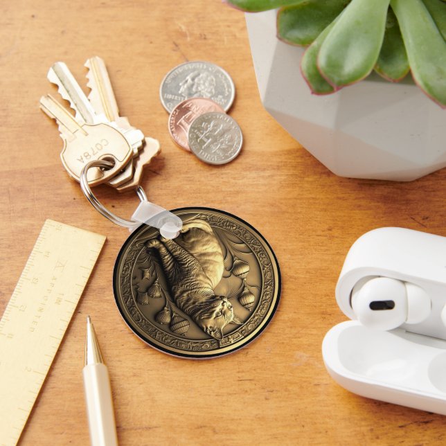 Chaveiro Medalhão de Gatos Dourados Sentados (Mesa)