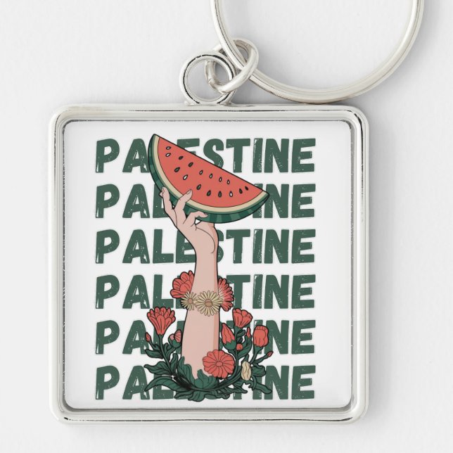 Chaveiro melancia, flores e texto palestino Repetir (Frente)