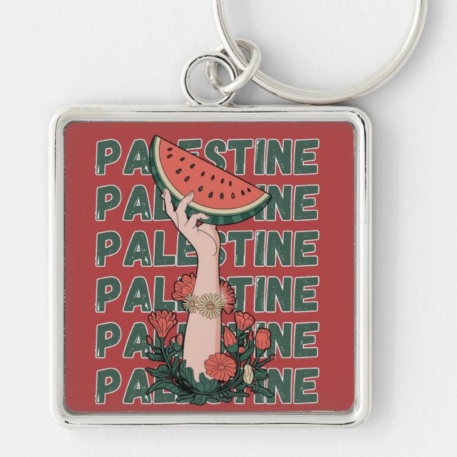 Chaveiro melancia, flores e texto palestino Repetir (Frente)