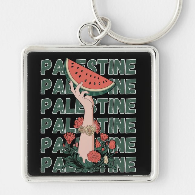 Chaveiro melancia, flores e texto palestino Repetir (Frente)