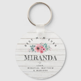 Chaveiro Melhor Mãe de madeira branca e flores rosa