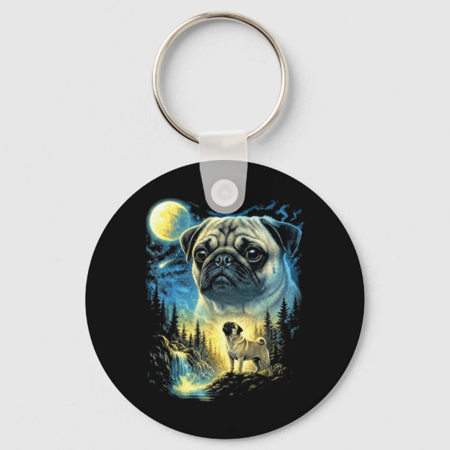 Chaveiro Meme de Pug Uivando para a Lua Engraçado Pug Cacho (Frente)