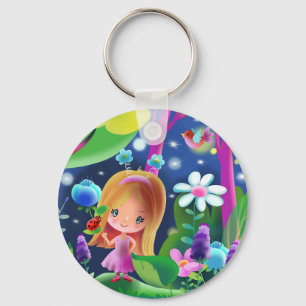 Chaveiro menina em uma floresta mágica com flores e um páss