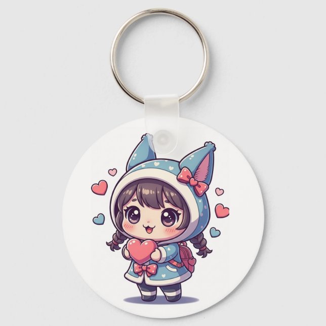 Chaveiro Menina Kawaii Chibi com Pingente de Coração (Frente)