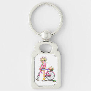 Chaveiro Menina Loura-Gira com Bicicleta Rosa e Gato nas Fl
