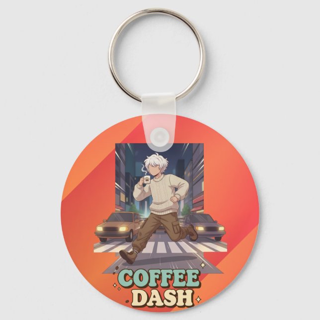 Chaveiro Menino Anime Fofo Correndo na Cidade com Café (Frente)