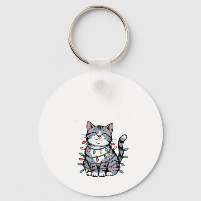 Chaveiro Meowy Christmas Cute Gray Tabby Cat Holiday Lights (Frente)