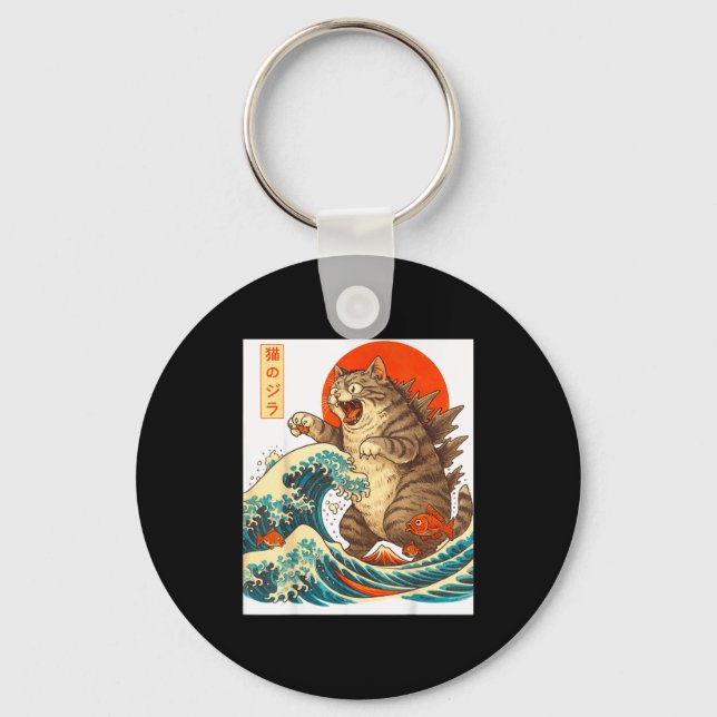 Chaveiro Meowzilla Catzilla Cat Japanese Art Funny For Men  (Frente)