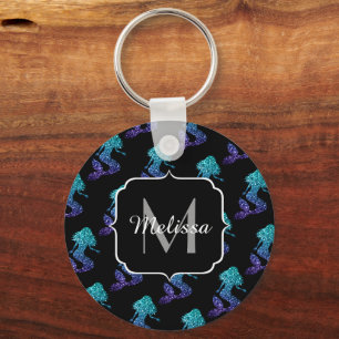 Chaveiro Mermaid azul aqua ombre Padrão de brilho Monograma