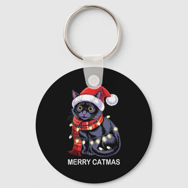 Chaveiro Merry Catmas Christmas Lights Cat Santa Hat Xmas M (Frente)