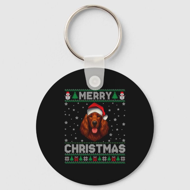 Chaveiro Merry Christmas 2025 Irish Setter Santa Hat Ugly X (Frente)