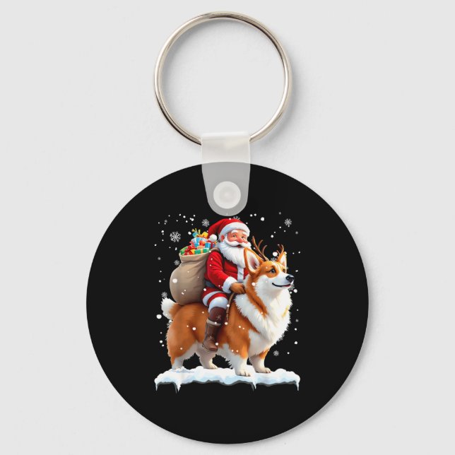 Chaveiro Merry Christmas 2025 Santa Riding Corgi Dog Xmas  (Frente)
