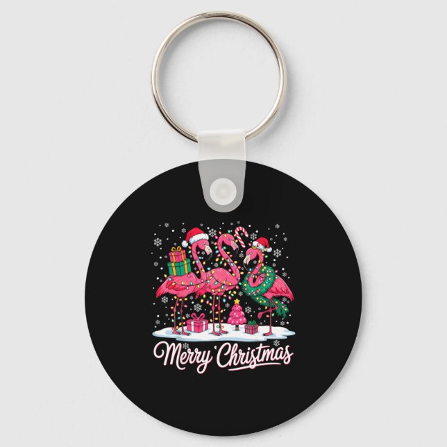 Chaveiro Merry Christmas Flamingo Lights Santa Hat Snow Xma (Frente)