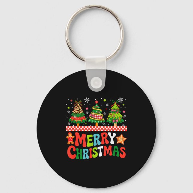 Chaveiro Merry Christmas Leopard Colorful Xmas Trees Bow Ti (Frente)