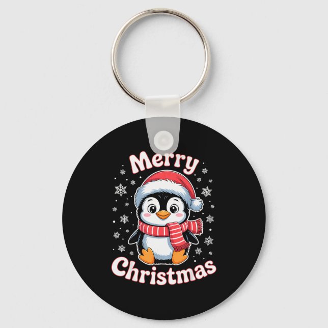 Chaveiro Merry Christmas Penguin Cute Santa Hat Snowflake H (Frente)