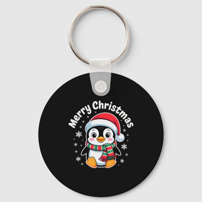 Chaveiro Merry Christmas Penguin Cute Santa Hat Winter Holi (Frente)