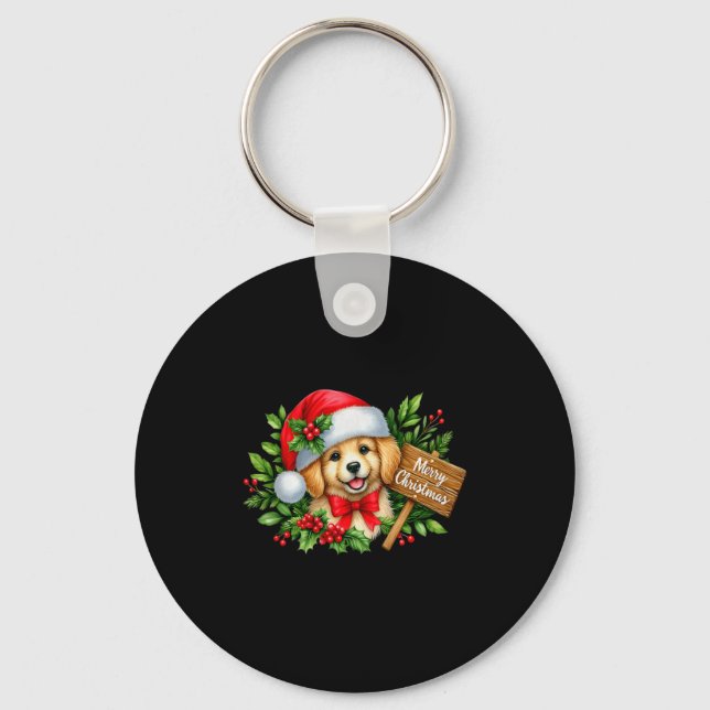 Chaveiro Merry Christmas Puppy Santa Hat Holly Sign Premium (Frente)