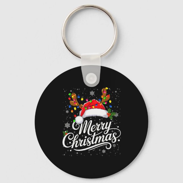 Chaveiro Merry Christmas Red Santa Hat Reindeer Family Xmas (Frente)