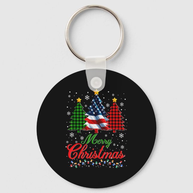 Chaveiro Merry Christmas Tree Plaid Us Flag Snowflake Xmas  (Frente)