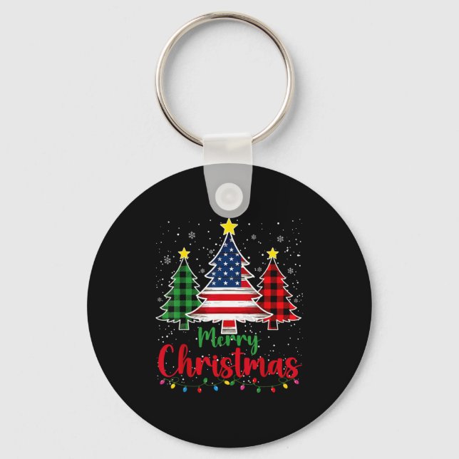 Chaveiro Merry Christmas Tree Plaid Us Flag Snowflake Xmas  (Frente)