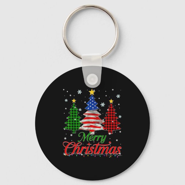 Chaveiro Merry Christmas Tree Plaid Us Flag Snowflake Xmas  (Frente)