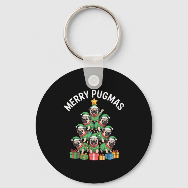 Chaveiro Merry Pugmas Funny Pug Christmas Tree Holiday Long (Frente)