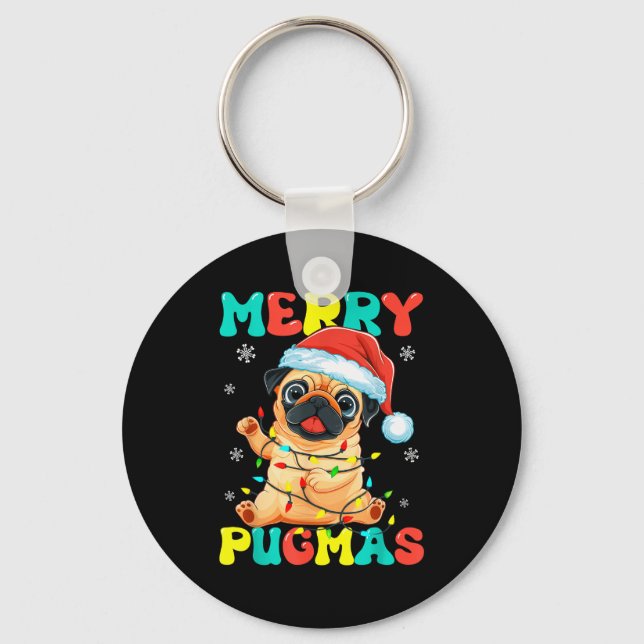 Chaveiro Merry Pugmas Pug Christmas Santa Pug Xmas Lights D (Frente)