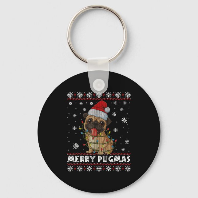 Chaveiro Merry Pugmas Ugly Christmas Sweater Cute Pug Dog  (Frente)