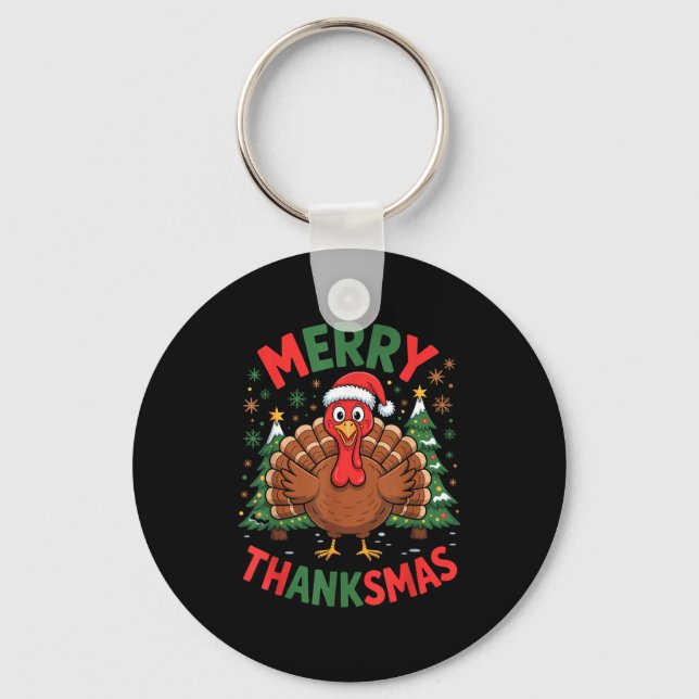 Chaveiro Merry Thanksmas Turkey Santa Hat Christmas Tree Fa (Frente)