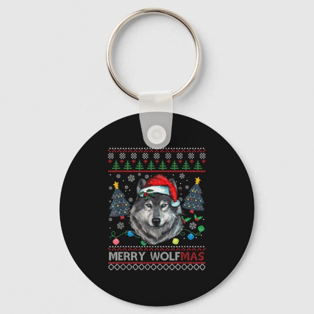 Chaveiro Merry Wolfmas Merry Christmas Wolf Ugly Sweater Fu (Frente)